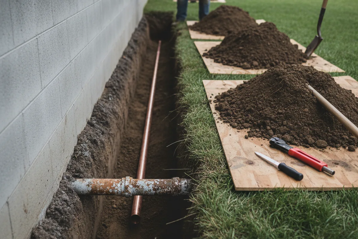 Excavated water line trench during Sewer Line Repair in Braidwood